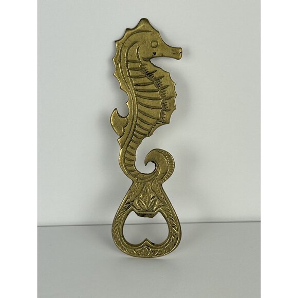 Vintage‎ Sea Horse Bottle Opener Solid Brass Metal Mermaid Core Barware - Picture 1 of 7